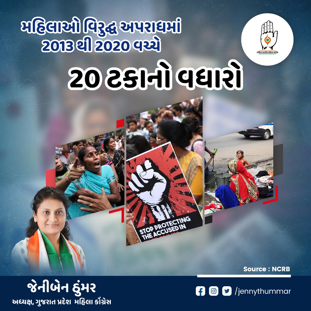 JennyThummar's tweet photo. મહિલાઓ વિરુદ્ધ અપરાધમાં સતત વધારો થઇ રહ્યો છે. મહિલાઓની સુરક્ષા અને સલામતીના નામે ભાજપ "ઝૂમલા" કરી રહી છે અને સદંતર નિષ્ફળ નીવડી રહી છે.

@GujaratPMC
@INCGujarat

#Womansafety #WomensRights #womanissue https://t.co/dJLBVYzb0F