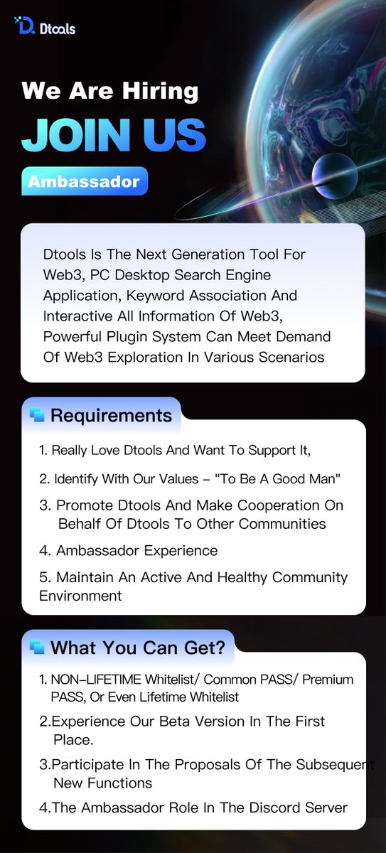 DBotWeb3's tweet image. 📢We Are Hiring!!!
If you really love Dtools and want to support it!
🤩Join us right now!!
#Web3 #CodeFi