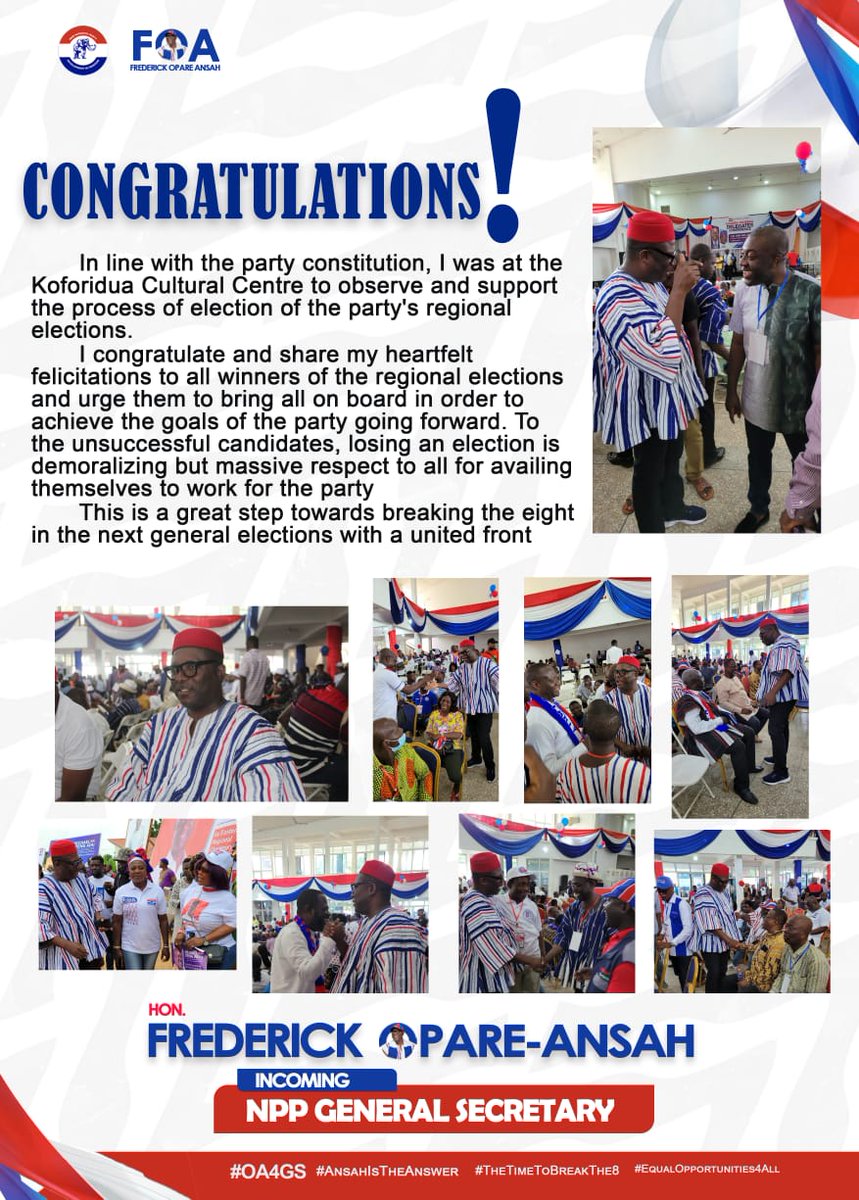 richie_RMB's tweet photo. The Incoming General Secretary, *HON. FREDERICK OPARE-ANSAH* Congratulate Newly Elected Regional Executives.
*#AnsahIsTheAnswer* π³π±ππ³π±
#OA4GS
#TheGrassrootsChoice
#TheTimeToBreakThe8
#RestoringTheGrassrootsFaith
#EqualOpportunities4All
#TheStrongMan https://t.co/hwLLJTDHZa