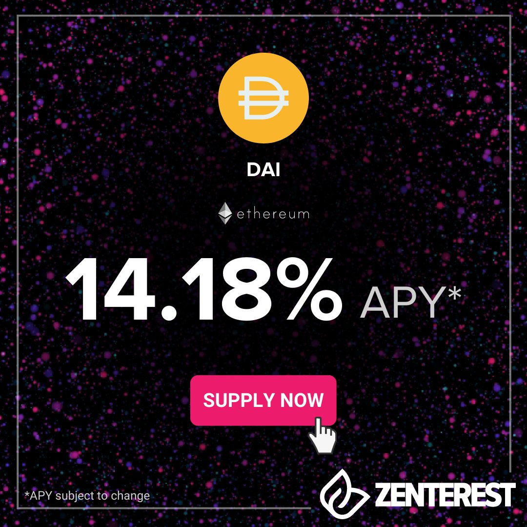 MANTRA_Chain's tweet photo. EARN 14.18% APY* by supplying $DAI on #ZENTEREST ๐
If you supply 1,000 $DAI today, you could potentially* have 1,141.8 $DAI after 1 year ๐คฉ
Intrigued? ๐ก
SUPPLY NOW ๐ https://t.co/Vw5LAeKuyV
#MANTRADAO @MakerDAO #PassiveIncome #crypto #DeFi #blockchain https://t.co/9mS9RqRX1F