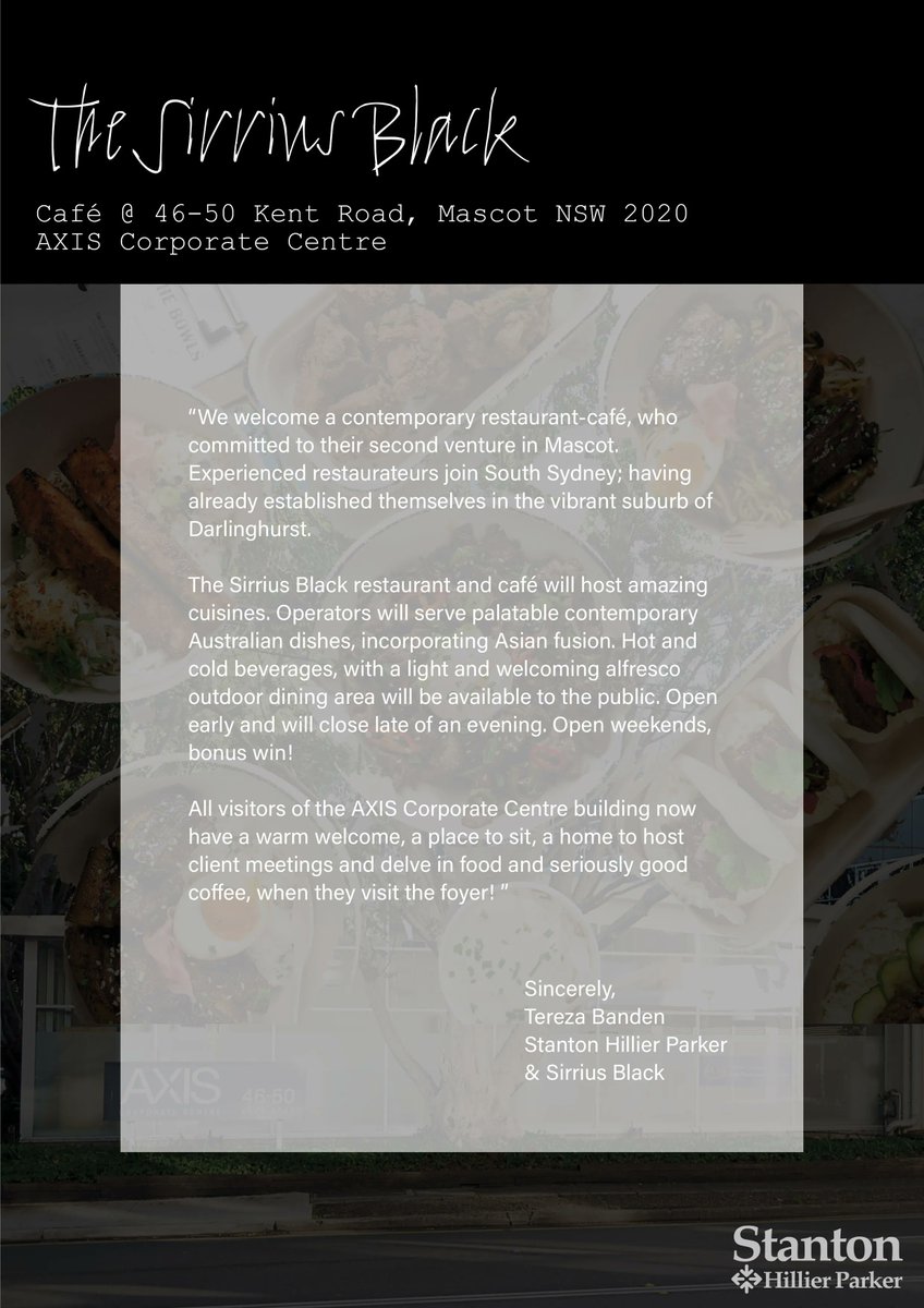 ✅  𝗝𝗨𝗦𝗧 𝗟𝗘𝗔𝗦𝗘𝗗!  ✅

🙋 SHP are delighted to welcome 𝗦𝗜𝗥𝗥𝗜𝗨𝗦 𝗕𝗟𝗔𝗖𝗞 𝗖𝗔𝗙𝗘, Mascot.
☕️ Weekly special: a free coffee with any sandwich or breakfast meal. 
🍽️ Please join us in supporting this amazing South Sydney business! 
🌐  sirriusblackcafe.com