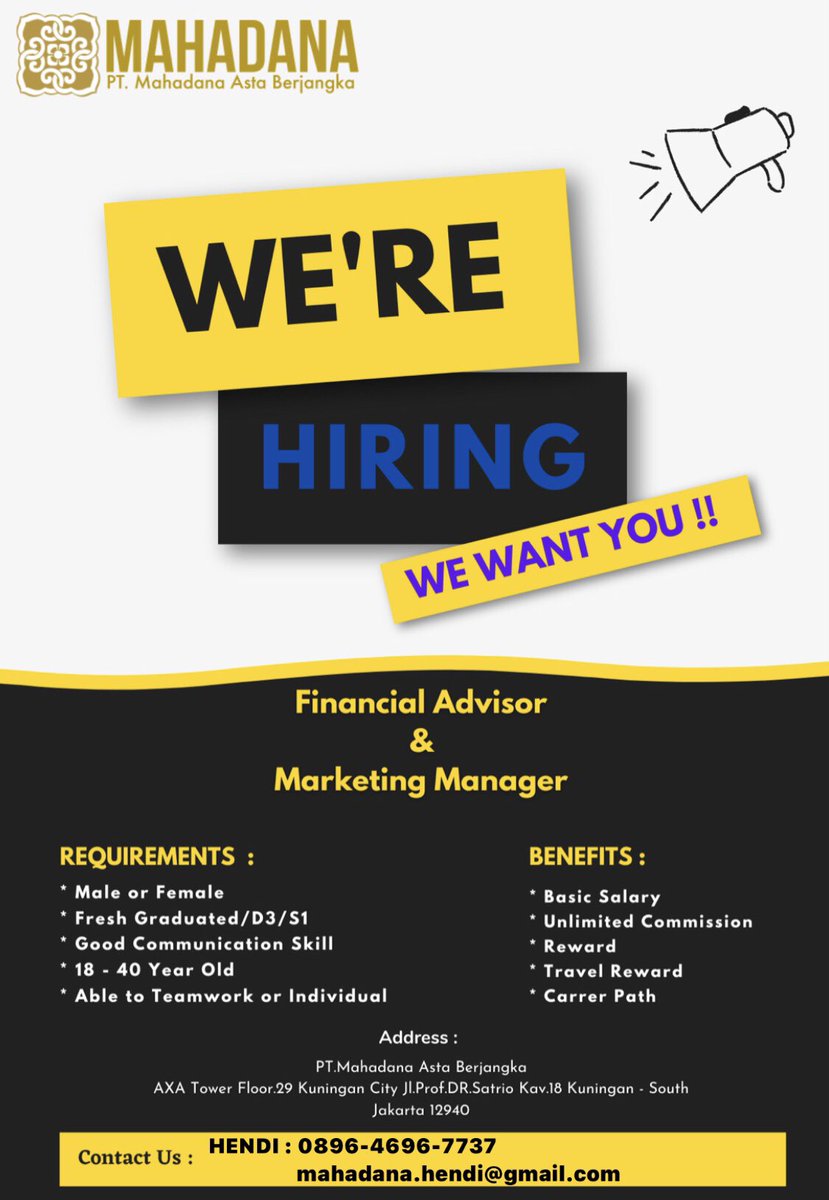 Yang sedang membutuhkan pekerjaan boleh silahkan apply CV nya ke email mahadana.hendi@gmail.com / 089646967737 (WA)
 #lokercot