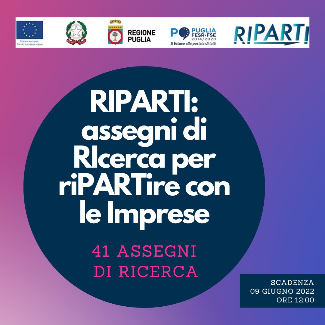 unifg's tweet photo. Nell'ambito dell'iniziativa regionale “RIPARTI: assegni di RIcerca per riPARTire con le Imprese” è indetta la procedura di 41 assegni per la collaborazione ad attività di ricerca.
https://t.co/OnXmLFrHPo
#unifg #Riparti https://t.co/ip9Ef34gQW