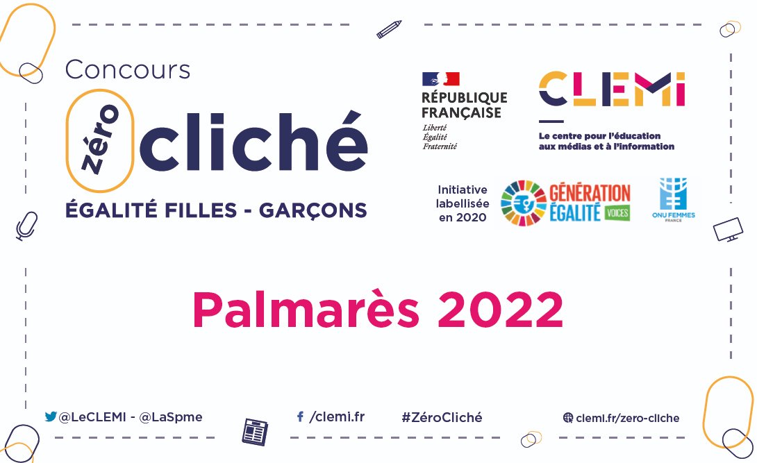 Découvrez le palmarès de la 10e édition du concours #ZéroCliché pour l'égalité filles-garçons du #CLEMI.
Bravo aux élèves lauréats pour leur inspiration à déconstruire les stéréotypes sexistes et leurs productions médiatiques de grande qualité👏
🏆clemi.fr/fr/zero-cliche…
