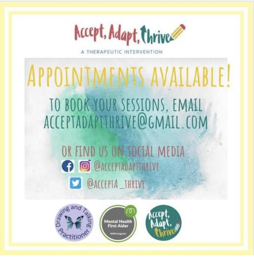 AcceptA_Thrive's tweet photo. Appointments available on Monday and Wednesday evenings.
#traumarecovery #selfcare #selfgrowth #selflove #theraputictherapy #therapy #anxiety #depression #confidence #wellbeing #drawingandtalking #greatermanchester #mentalhealth #support https://t.co/xx6hSMSVpD