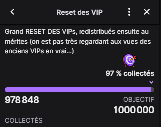 migMH_'s tweet photo. Il y a un mois j'ai eu l'idée saugrenue de faire un reset de mes VIPs Twitch en échange d'1 million de pts de chaine pour le délire, sachant qu'on ne peut mettre que 2k/live/personne.
On est pas loin du but, et c'est le dernier live cet après midi. Je compte sur vous ! #antiVIP https://t.co/RdnVLVUBrM
