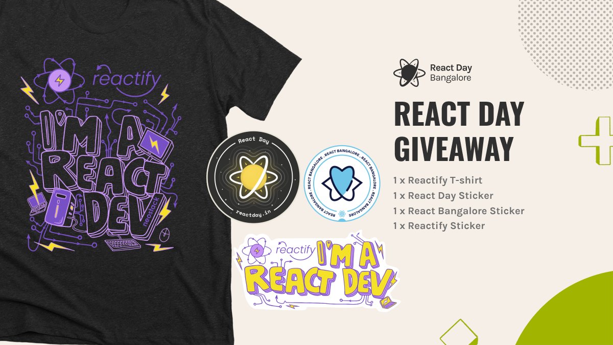 💥 Giveaway Alert 💥 We are giving away 25 sets of React Day Swag Register for the conference and re-tweet this to participate in the giveaway. reactday.in/register We will randomly pick 25 winners and announce them on Wednesday evening.