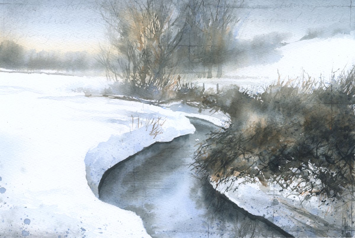 cookthepainter's tweet photo. 'Snow on the stream' ink, watercolour and charcoal
Not warm out today, but come on……This view of the Sturkel from a couple of winter's ago when we had some proper snow. On show @TheArtStable from June 11 https://t.co/8GN9bPvume #art #watercolour #coldmay #painting https://t.co/C8B293rtmb