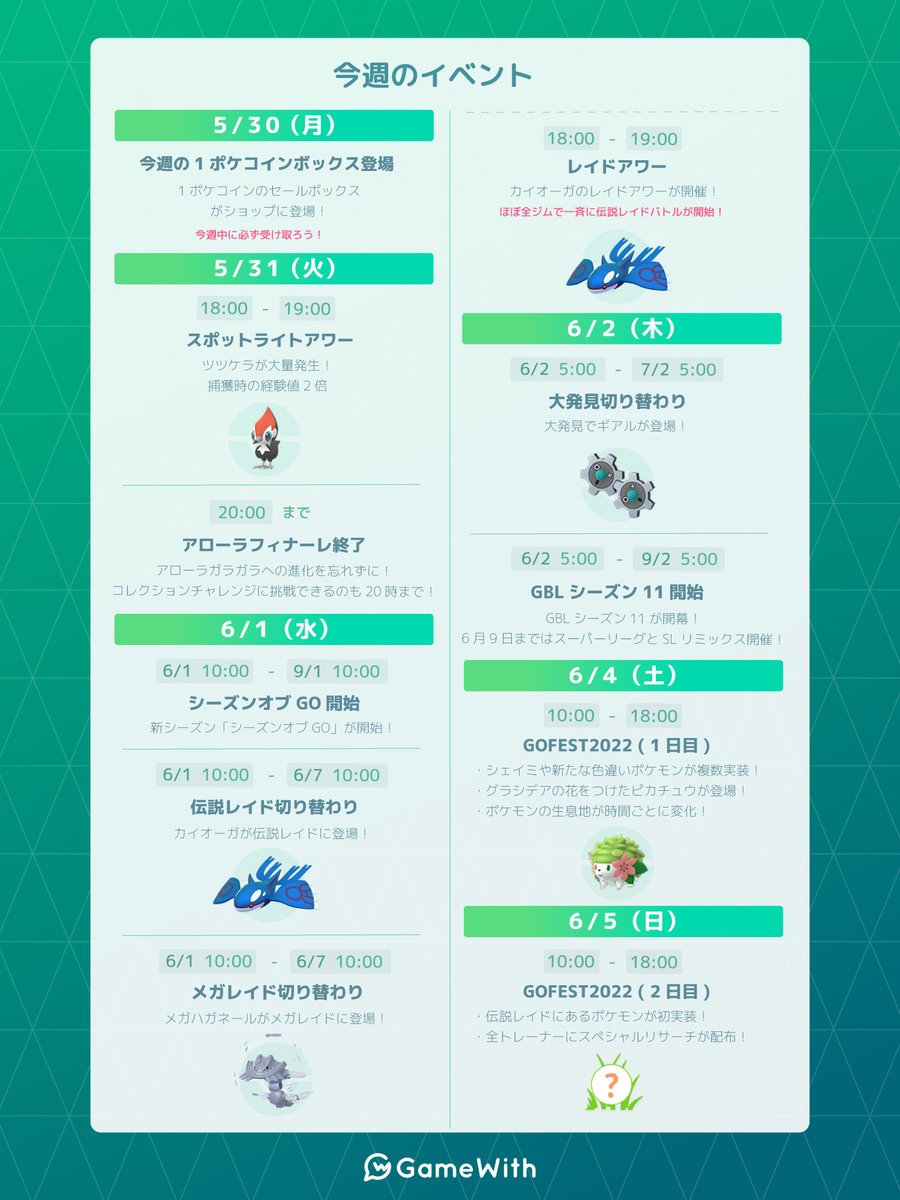 ポケモンgo攻略 Gamewith 今週のイベントを画像にまとめました シーズン切り替わり 新シーズン シーズンオブgo が開始 伝説 メガレイド切り替わり カイオーガとメガハガネールが登場 Gofest22開催 シェイミや新実装の伝説ポケモン