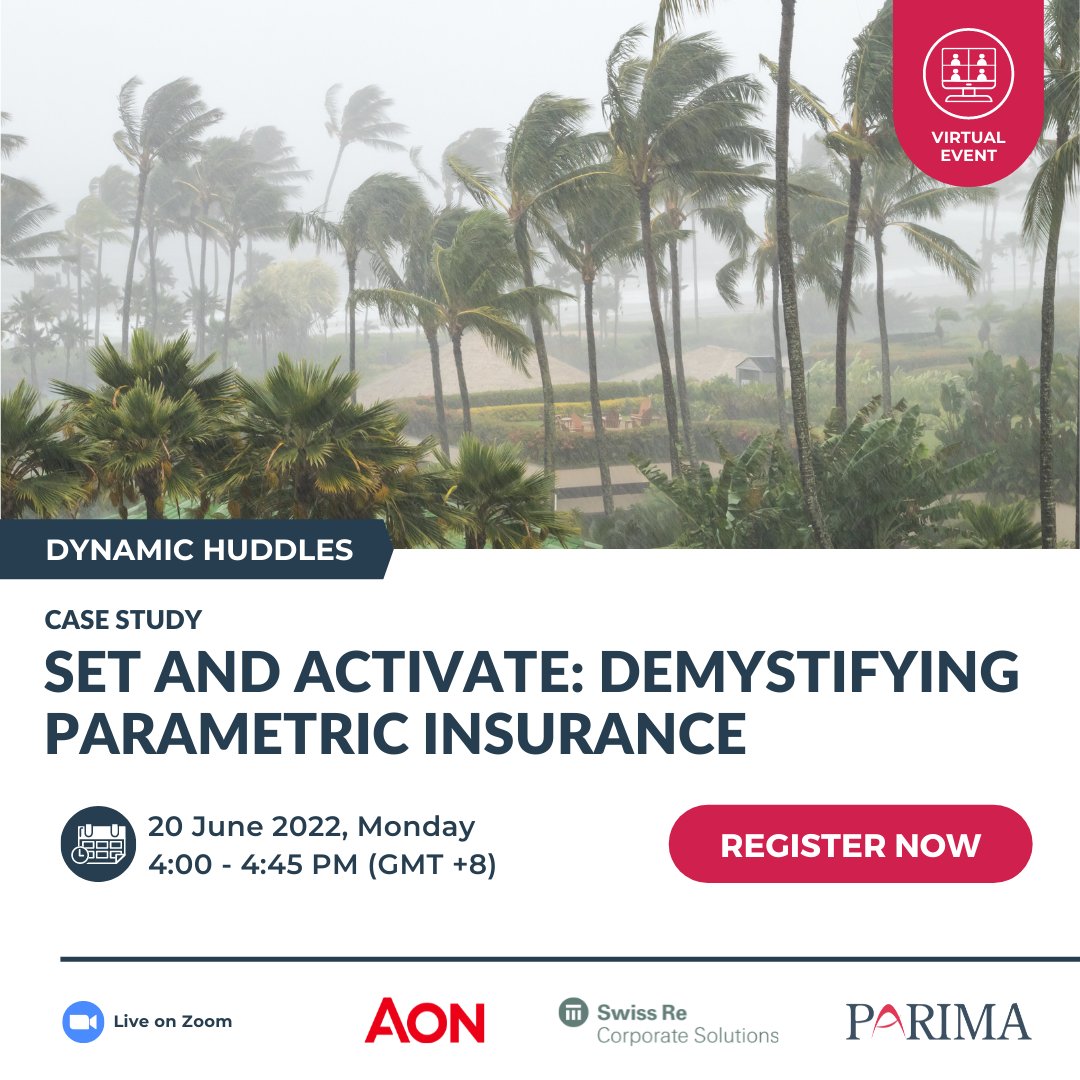 PARIMAorg's tweet photo. Join us for a #DynamicHuddles with @SwissRe_CS and @Aon_plc as we delve into the fundamentals of #parametricinsurance and how it helped Aboitiz Power efficiently recover from the impact of Typhoon Rai last December 2021. Register now at https://t.co/duiCCHWQhA! https://t.co/rV4ZCIP9Jh