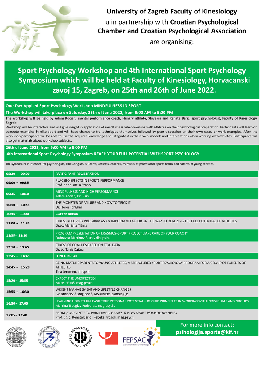 FEPSAC_MC's tweet photo. 👩‍💼SPORT PSYCHOLOGY SYMPOSIUM IN ZAGREB:
On the 25th and 26th of June, the Faculty of Kinesiology at the University of Zagreb and the Croatian Psychological Chamber and Croatian Psychological Association will be hosting this interesting program👇 https://t.co/ScthAyhEWN
