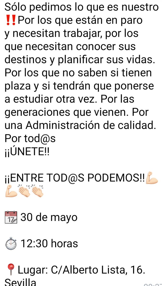 OpositoresJA's tweet photo. Llegó el día en que los opositores a la Administración de la Junta de Andalucía se movilizan. Sin el soporte de partidos, sindicatos o prensa, sin ayuda, sin recursos. Igual que cuando estudiamos. Sólo nos tenemos a nosotros mismos mientras la Junta nos castiga. Únete! 💪💪💪 https://t.co/O2BElo3eHz