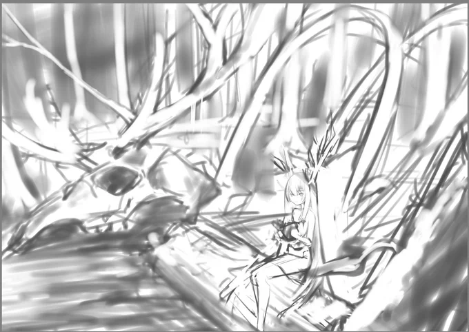 @pika_suke_7 ちょっと形になってきた大ラフ(・ω・`)
pixivのイラコンように描き始めたやつ、、、
森の中、巨大な鹿の骨、なぜか読書するツノっこ、、、、
出来上がるのか不安www 