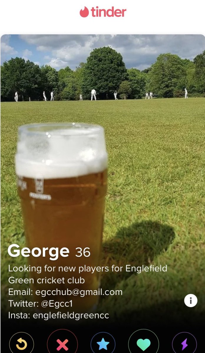 ThatsSoVillage's tweet photo. Incredible recruitment tactic from Englefield CC, listing themselves as a 36-year-old woman on Tinder in an effort to attract new players. 

@EGCC1, via @DanTHFC1 https://t.co/NujgP2eMUC