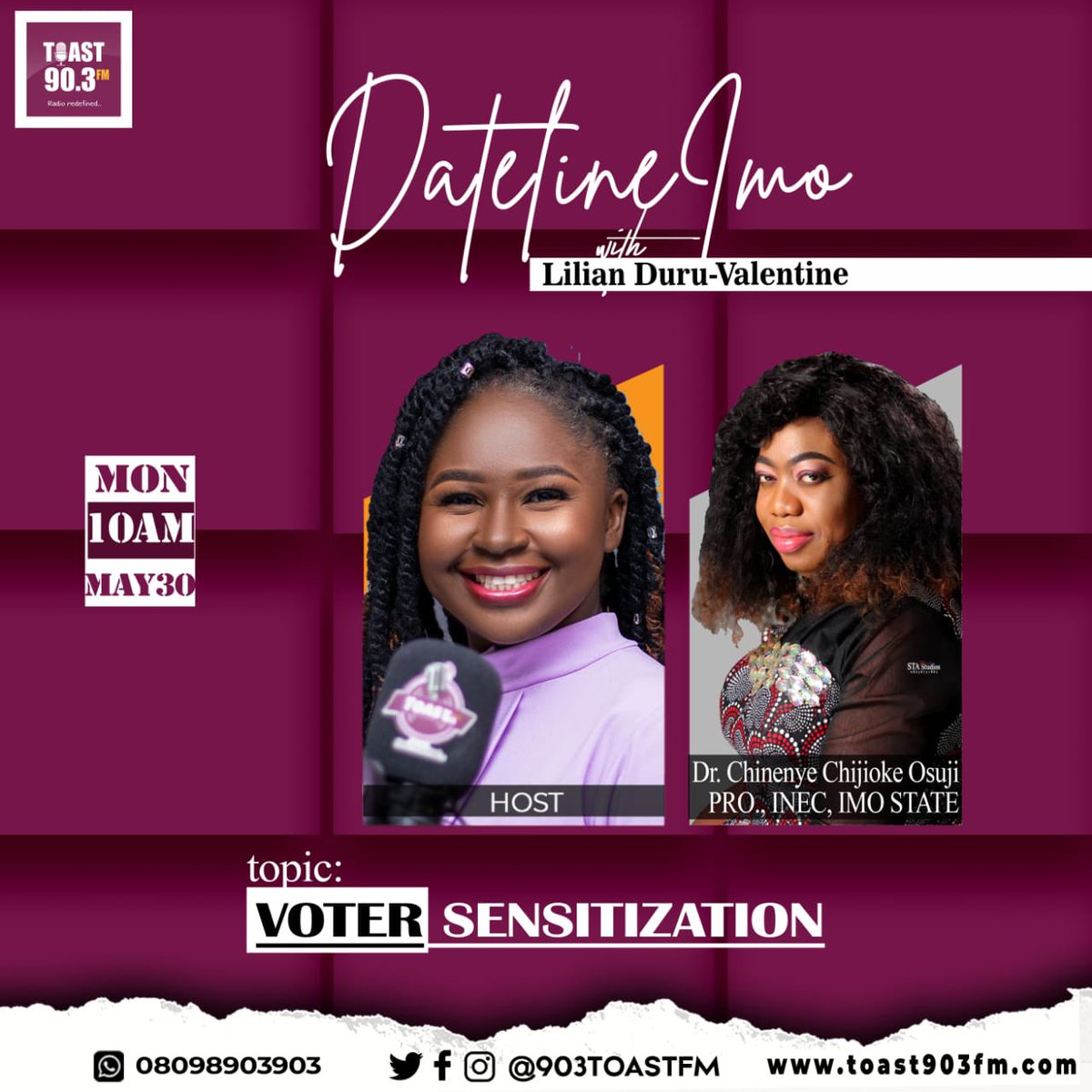 lilianduru_'s tweet photo. Have you questions regarding Voter Registration & your #PVC
Join me on DATELINE IMO at 10am @903toastfm
My guest Chinenye, the Public Relations Officer , INEC - Imo State will be sure to give answers to your questions ☺️
#DatelineImo
#votersensitization
#lilianduruvalentine https://t.co/qK4mmQrrEq