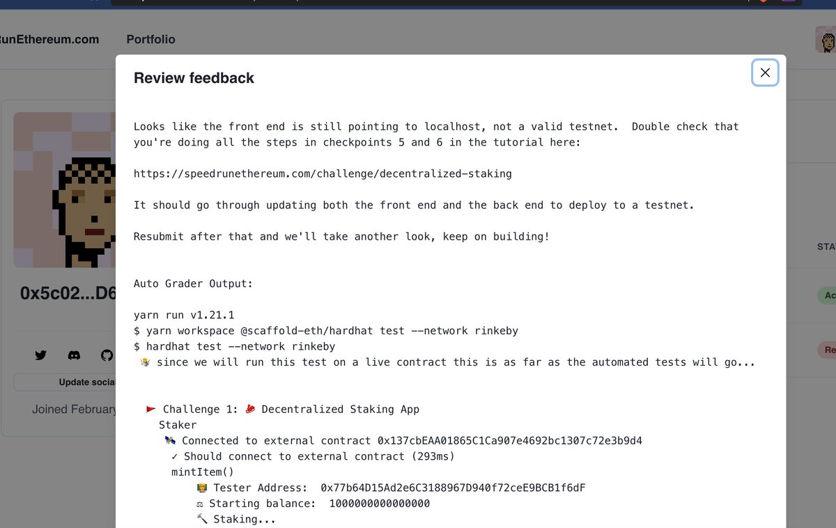 madhavg's tweet image. The dopest thing about #speedrunethereum is that after you submit and get rejected the comments help you the most to correct mistakes and ship better! 
Thanks  @austingriffith!