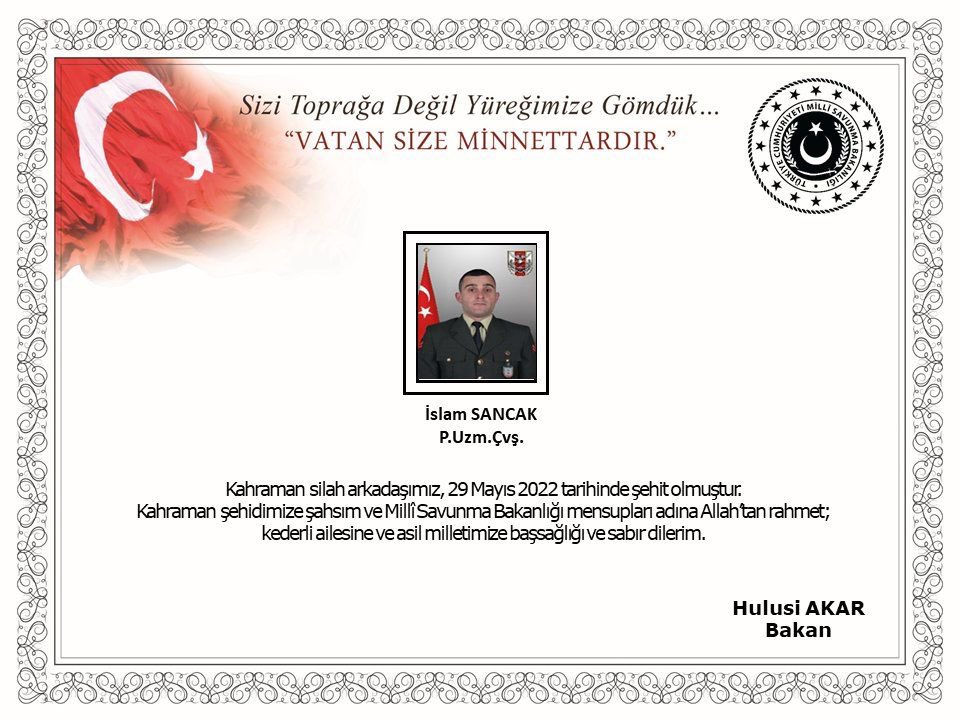 TC_istanbul's tweet photo. Pençe-Kilit Operasyonu’nda şehit düşen Mehmetçiklerimiz P.Uzm.Çvş. Muhammed Serttaş’a ve P.Uzm.Çvş. İslam Sancak’a Allah’tan rahmet diliyoruz.

Kahraman Mehmetçiklerimizin ruhu şâd, makamı âli olsun. 

Kederli ailelerimizin, Ordumuzun ve Milletimizin başı sağ olsun. 🇹🇷 https://t.co/XnNS2anOjB