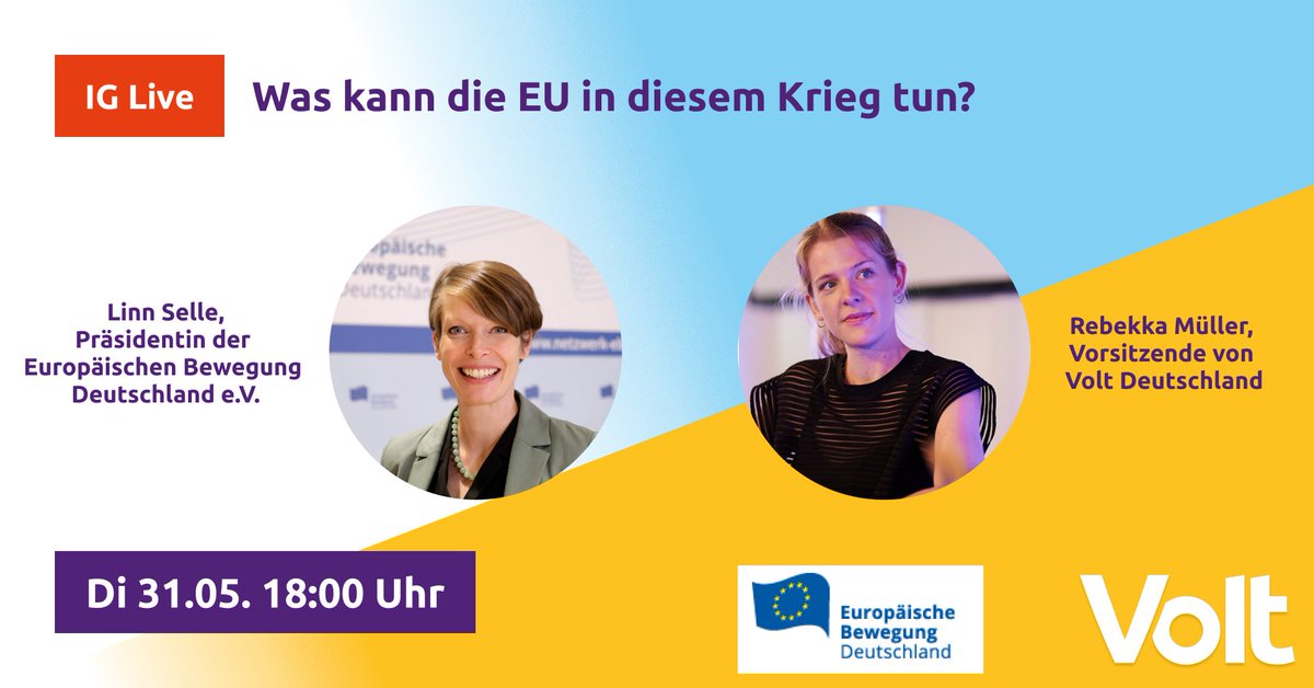VoltDeutschland's tweet photo. Morgen diskutieren Linn Selle, Präsidentin der Europäischen Bewegung Deutschland e.V., &amp; Rebekka Müller, Vorstandsvorsitzende von Volt Deutschland, über einen EU Beitritt der #Ukraine &amp; was die #EU in diesem Krieg tun kann. Sei dabei! https://t.co/tYVZy2UkCw https://t.co/1YAW7IG4Bh