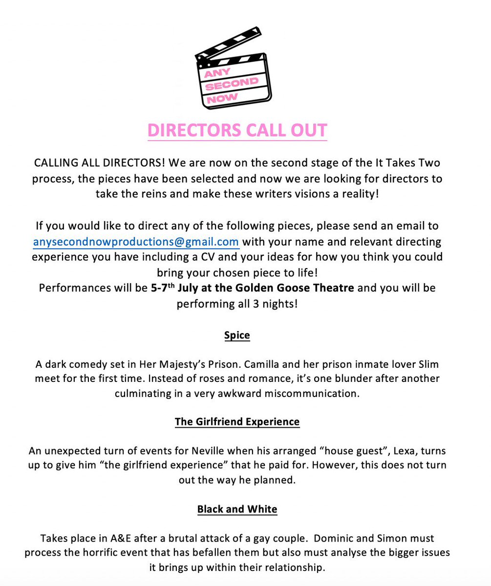 CALLING ALL DIRECTORS 🎬

For a chance to direct a piece performed at the Golden Goose Theatre this July! 

All details in flyer below. Please share!