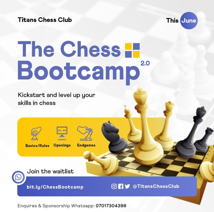 titanschessclub's tweet photo. It features:
β Interactive and fun live chess training sessions.
β Fide titled, chess medalist & Chess-preneur guest speakers
β Daily task & quiz
Click the link in bio to join the wait-list!
#chesspunks #chessplayers #chessbootcamp #TCB2 #titans #chesstitans #chesstalks https://t.co/P0m193D4IT