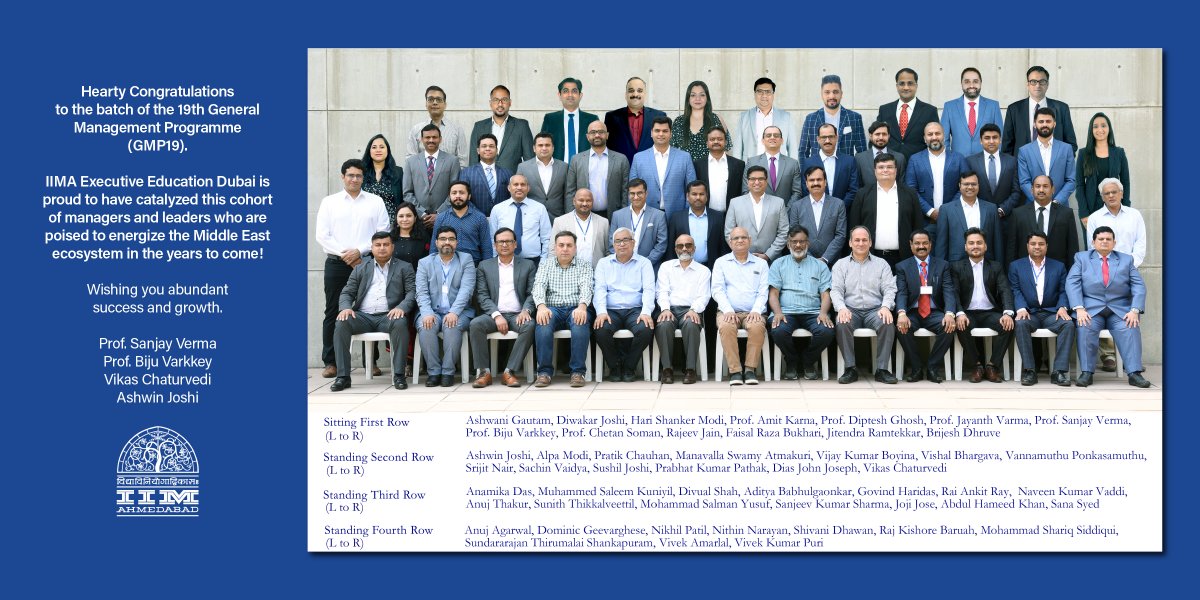 IIMAEXEDDUBAI's tweet photo. Congratulations to the batch of the 19th General Management Programme (GMP19).
Wishing you abundant success and growth.
#GMP19 #IIMAEXED #Dubai #ExecutiveEducation https://t.co/l9ZYN9IdWN