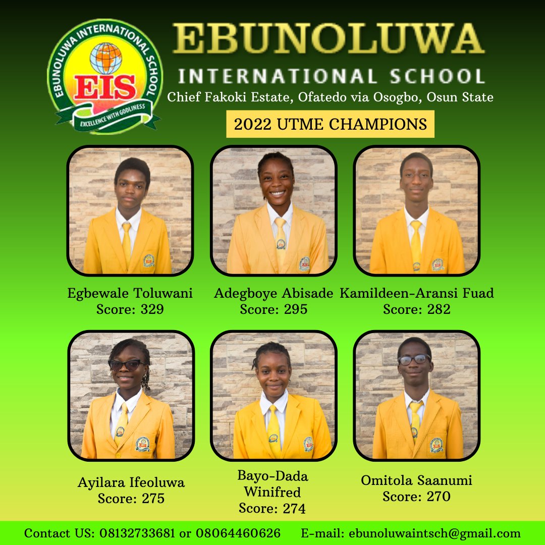 EbunoluwaSch's tweet photo. Congratulations to Ebunoluwa International School UTME 2022 Champions. We wish you guys more success in Life.

#Ebunoluwa #nigeriaschools #osogbo #secondaryschools #secondayschool #lagos #lagosnigeriaeducation #educational #utme #utmeresult #utmescore #jamb #jambexamination https://t.co/AqT3XLU956