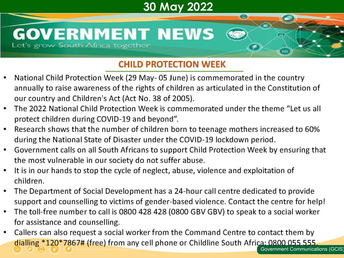 GovernmentZA's tweet image. We call on all South Africans to support #ChildProtectionWeek2022 by ensuring that the most vulnerable in our society do not suffer abuse.

It is in our hands to stop the cycle of neglect, abuse, violence and exploitation of children.
