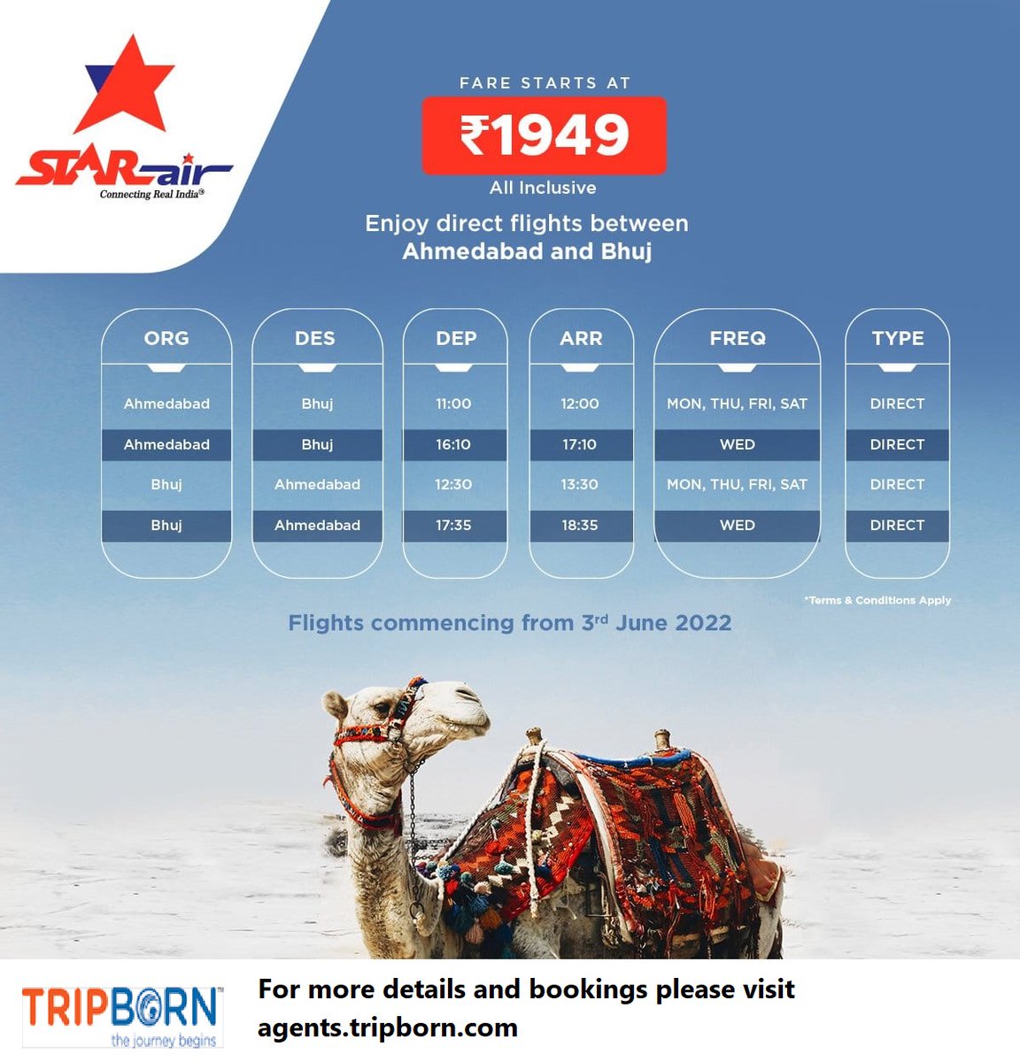 StarAir direct flights from Ahmedabad to Bhuj, Book live on agents.tripborn.com