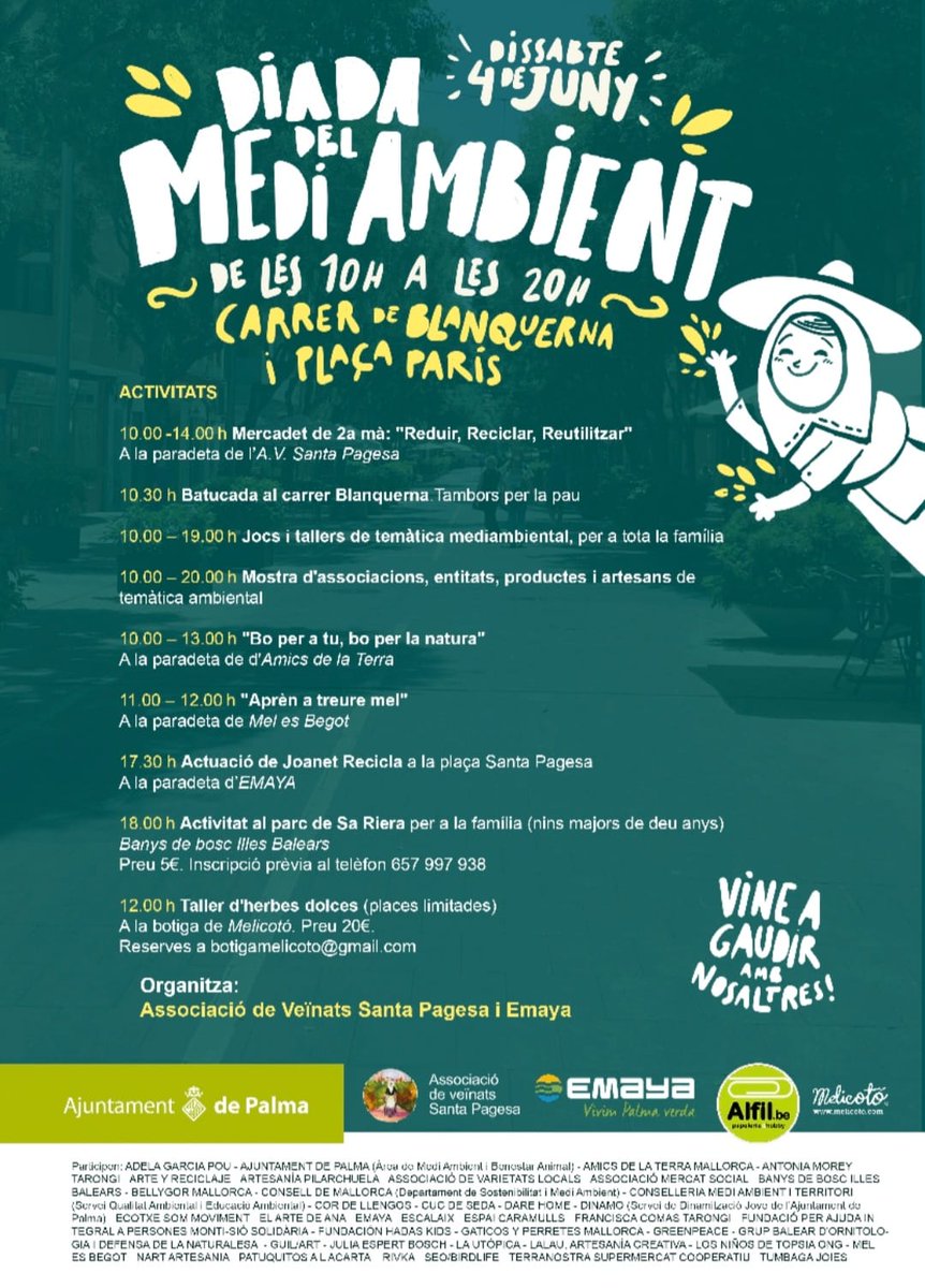 😃🌳Torna la Diada del Medi Ambient el pròxim dissabte dia 4 de juny. Durant tot el dia el carrer de Blanquerna i la plaça de París s'omplirà de paradetes i activitats per a tothom.

Us esperem!!!!