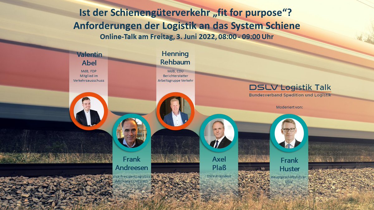 Online #LogistikTalk des #DSLV: Ist der Schienengüterverkehr „fit for purpose“? Anforderungen der Logistik an das System Schiene am
Freitag, 3. Juni 2022, 08:00 - 09:00 Uhr.
Anmeldung unter: tms.aloom.de/dslv-logistik-…
