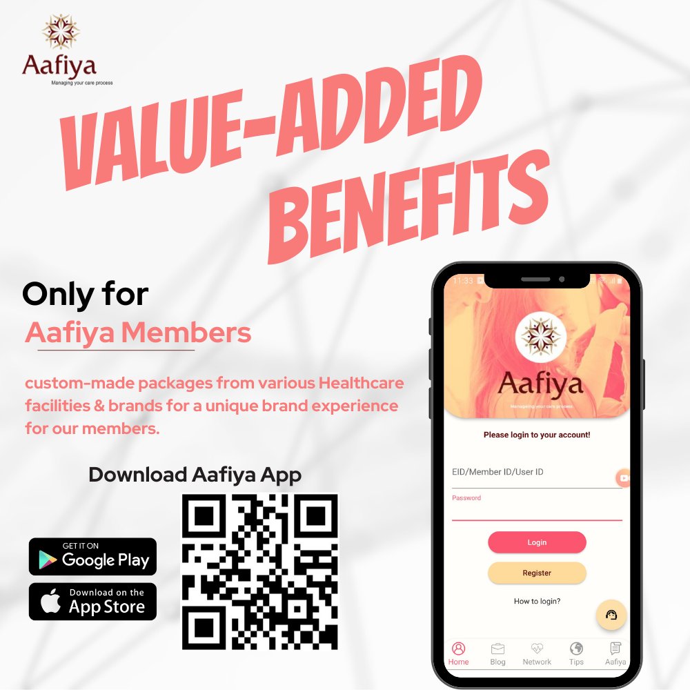 Value-Added Benefits just for our Aafiya Members.

Download the mobile app --> onelink.to/zx7hwt

Explore new possibilities.
#AafiyaTPA #ValuedAdded #Benefits #ExclusiveBenefits #Member #CustomerExperience #MobileApp #NewFeatures #Enhanced #MedicalBenefits #ApprovalStatus