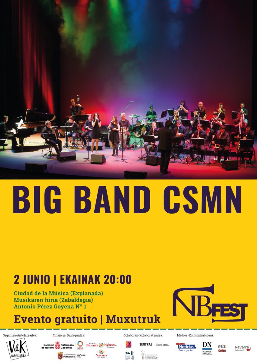 educacion_na's tweet photo. 🎼, @CSMN_Navarra Big Bandak NB Fest @BandNavarra inauguratu du

🗓️ Ekainaren 2an (osteguna) izango da, 20:00etan, Mendebaldeko Musikaren Hiriko zabalgunean izango den doako kontzertu batekin.

🔗 Informazio gehiago: https://t.co/cCQDEzMwNg https://t.co/dxQ1gtbUts