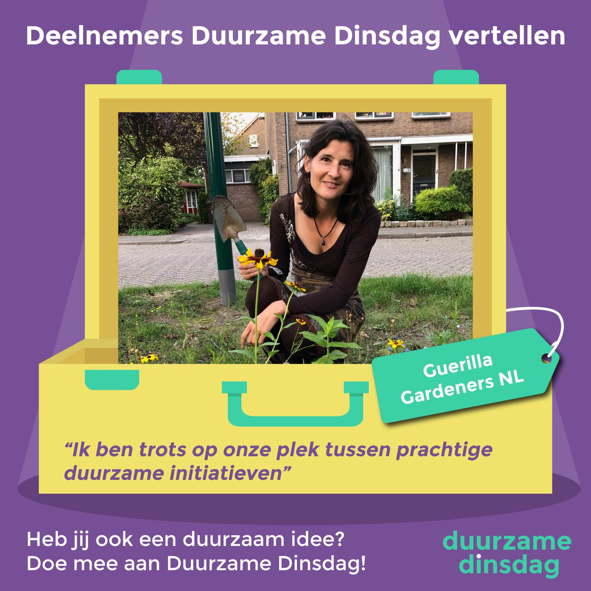 Waarom wil jij in die koffer? <a href="/Kerriejen/">Cerian van Gestel</a> van <a href="/GrrGardenersNL/">Guerrilla Gardeners</a>:  #duurzamedinsdag helpt bij naamsbekendheid. Je komt op een 'lijstje' dat geraadpleegd wordt door andere organisaties die op zoek zijn naar duurzame initiatieven."