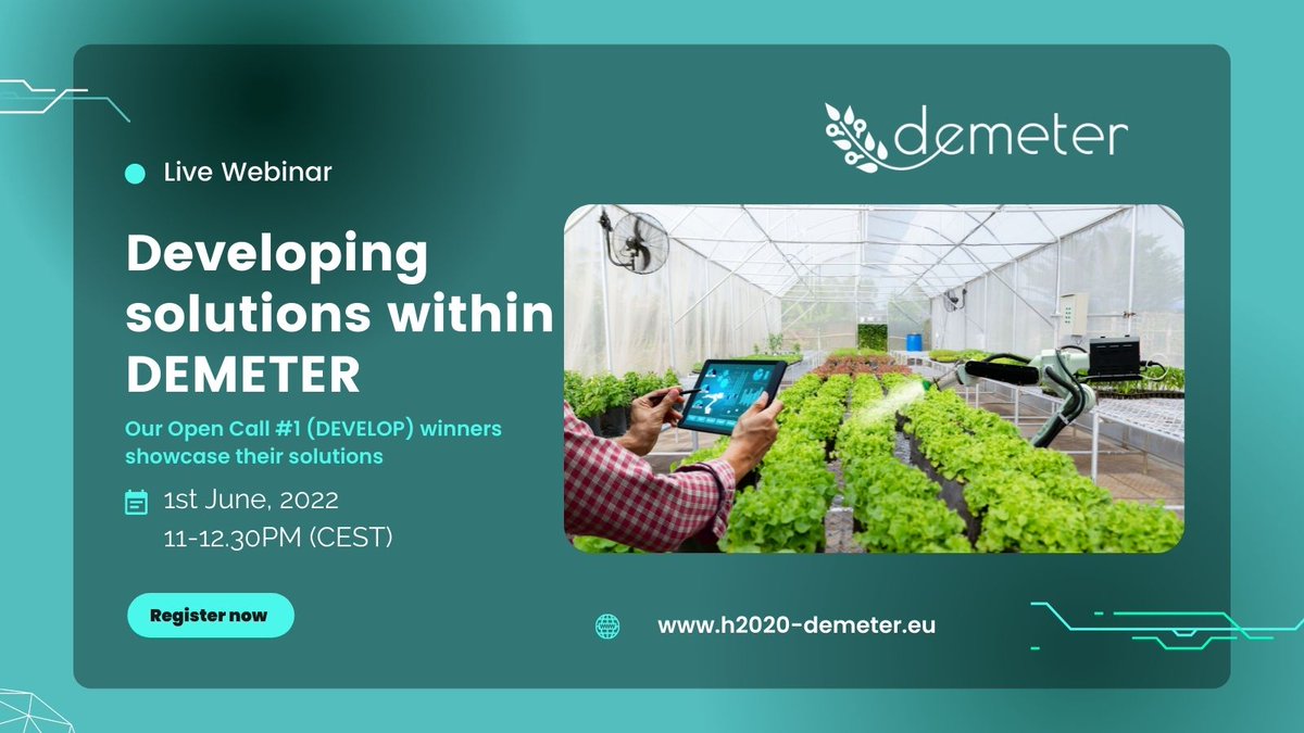 WaltonInst's tweet photo. Still time to register for @H2020DEMETER webinar to hear from the #agtech #startup & #SME winners of Open Call #1 DEVELOP 🌱
📅June 1
⏲️11 -12:30 CEST
➡️ https://t.co/PGMXK5T2zH
Challenges addressed👉#soilhealth #blockchain #isobus #geotagphoto #businessprocessintegration https://t.co/PwYkjkWk5b