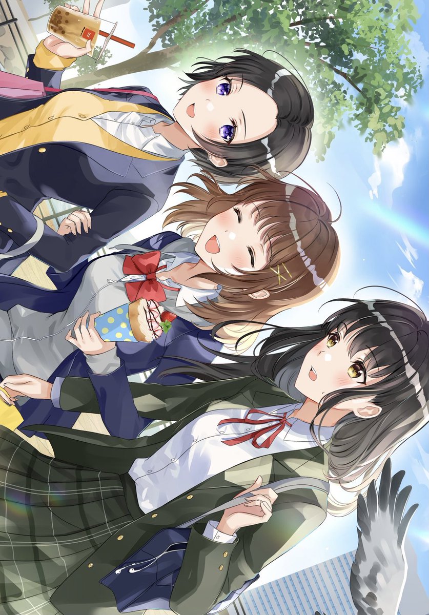 multiple girls 3girls crepe school uniform outdoors skirt black hair  illustration images