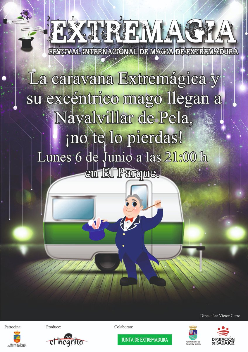 AytodePela's tweet photo. 🚍🧙🏻♂️✨ La magia de #Extremagia llega a Navalvillar de Pela el próximo 6 de junio a las 21:00 h. en El Parque.
‼️No te pierdas la caravana extremagica y su excéntrico mago‼️
#magia #festivalinternacionaldemagia https://t.co/aZOIYjT54N