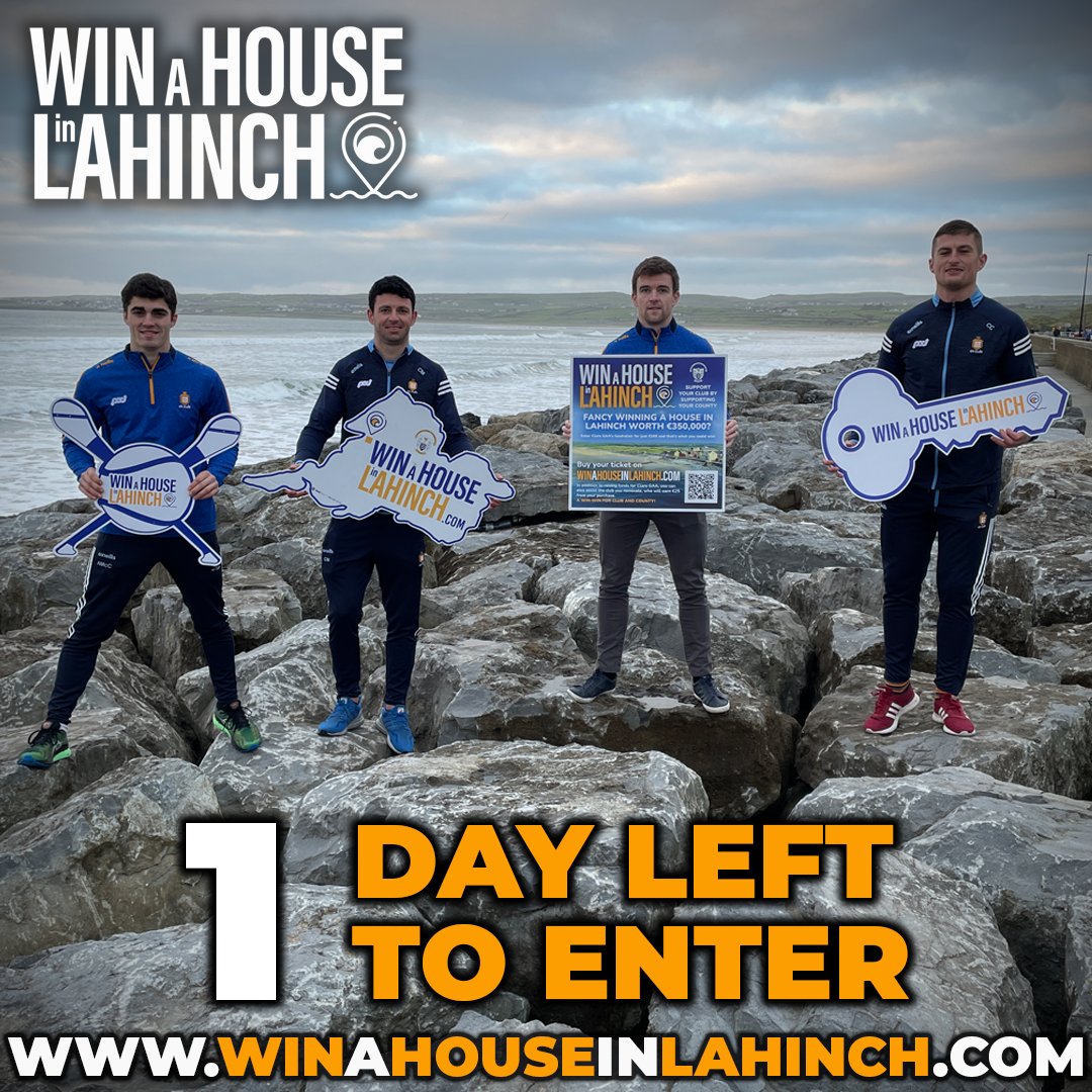 We’re almost there, just 1 day left until our draw! ⏳

If you haven’t bought a ticket for our <a href="/GaaClare/">Clare Gaa</a> #WinAHouseInLahinch fundraiser yet, then now is the time! You could win a brand new 4-bed house in Lahinch on 31st May 🤩

Get a ticket here 👉🏻 winahouseinlahinch.com