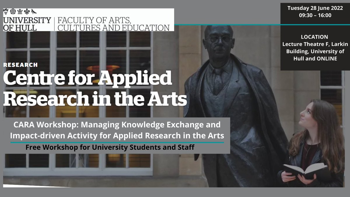 Calling all <a href="/UniOfHull/">University of Hull</a> Students and Staff members! Join the CARA team's Workshop: Managing Knowledge Exchange and Impact-driven Activity for Applied Research in the Arts
📅28th June 2022
⏰09:30-4:00
Campus and Online
Register for free: bit.ly/3Mwcpro