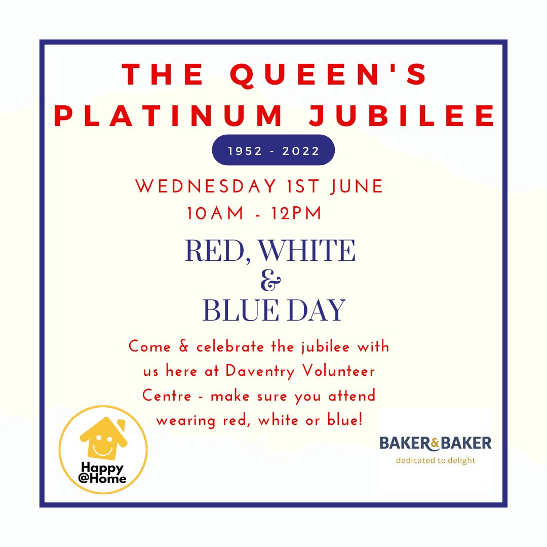 Happy Monday All😄 We are running a Jubilee event, this Wednesday 1st June at Daventry Volunteer Centre - New Street Cafe @ 10am - 12pm!! Don't forget to wear red, white or blue!! We cannot wait to see you all so we can celebrate The Queens Platinum Jubilee together! #jubilee