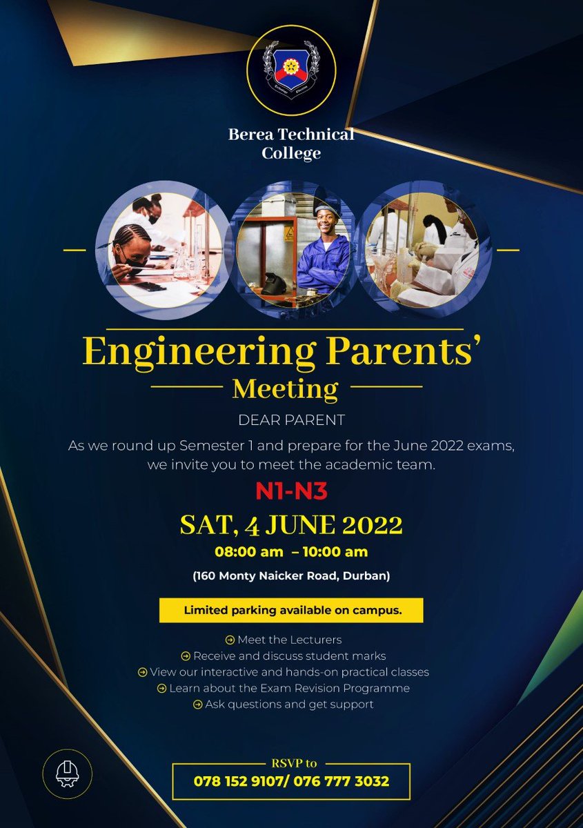 Berea_Tech's tweet image. DEPARTMENT OF ENGINEERING PARENTS' DAY
Parents, join us at 160 Monty Naicker Road on Saturday, 4 June 2022 as we host you.
N1-N3 Parents - 8am - 10am
N4 - N6 Parents - 11am-1pm
Meet lecturers, receive marks, view our interactive practicals, learn about Exam Revision &amp;amp; get support