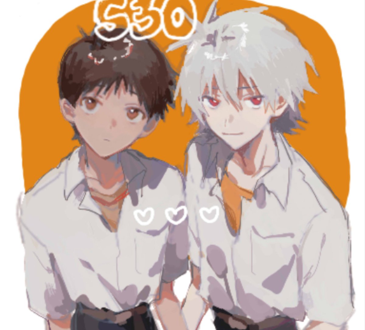 ikari shinji ,nagisa kaworu 2boys multiple boys male focus shirt brown hair red eyes looking at viewer  illustration images