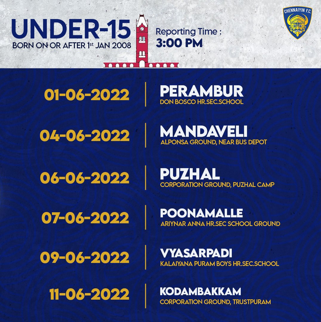 ChennaiyinFC's tweet photo. Do you have what it takes to be a part of the CFC Youth Team? 💪🏻🔥

Open trials are coming to your📍area!

📝 Trialists are requested to carry their original birth certificate and their Aadhar Card/Passport.

📞: +91 9176707671

#AllInForChennaiyin https://t.co/jVg5sm7wKn