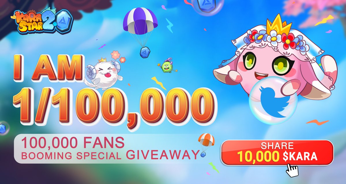 🥳To thank 100k TW followers boooooming, Karastar2.0 has prepared a 10-day feedback &amp; #Giveaways campaign!

😳Reward 10,000 $Kara for 10,000 ppl 

😍10 days, various giveaways! This tweet 👉10 ppl

🎀Follow/like/RT Invite 3 Frens &amp; #Karatothemoon Ur wallet address in Comment
