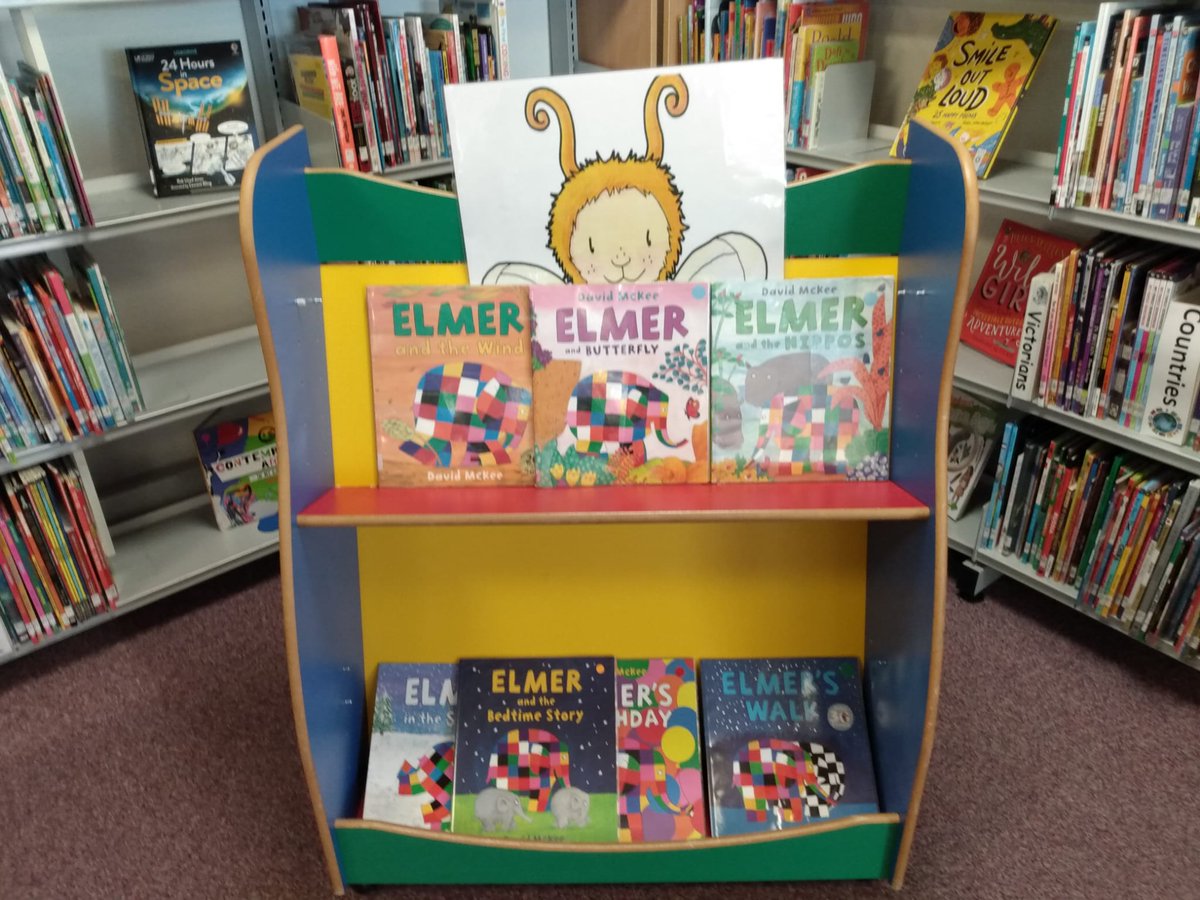 LibFalkirk's tweet photo. The Larbert Library staff have been having fun with Elmer.  Pop in to say hello to him, or borrow some of his books!

#Elmer #LarbertLibrary #Larbert #Stenhousemuir #FalkirkLibraries https://t.co/t73XvADY8R
