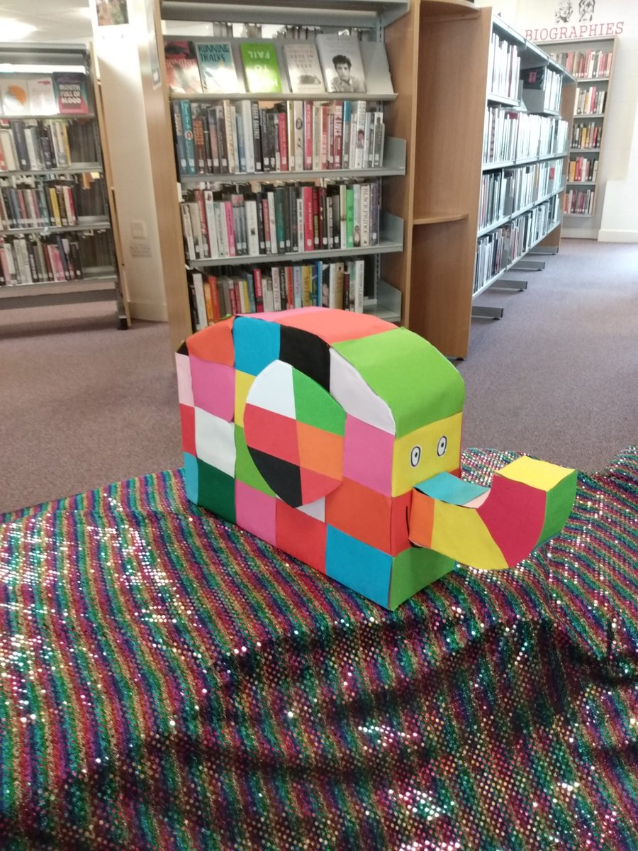 LibFalkirk's tweet photo. The Larbert Library staff have been having fun with Elmer.  Pop in to say hello to him, or borrow some of his books!

#Elmer #LarbertLibrary #Larbert #Stenhousemuir #FalkirkLibraries https://t.co/t73XvADY8R