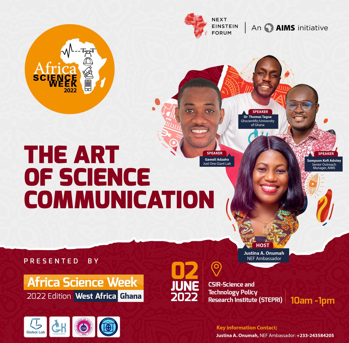 GLabNetwork's tweet photo. We're supporting @NextEinsteinFor @aswghana to organise this science communication workshop to close off Africa Science Week Ghana 2022. Register at https://t.co/CrNQhMOYTx to be part!

#ASWGhana #AfricasEinsteins #SciComm https://t.co/j5ybb9saxv