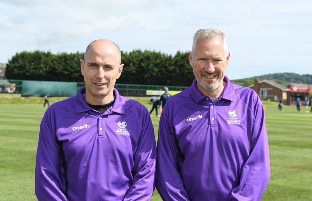 👋 Farewell to English umpire Paul Nicholls (right) who participated in an umpire exchange initiative between Cricket Ireland and <a href="/ECB_cricket/">England and Wales Cricket Board</a>.

Our own Roly Black (left) spent time earlier this month in England.

Both umpires officiated together at the recent IP20 Festival. 👏👏