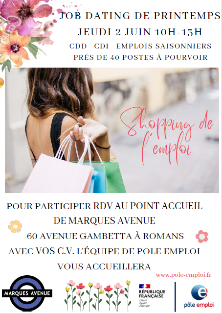 ▶️#AvecPoleEmploi Romans 
👉Forum de recrutement pour le centre commercial <a href="/OfMarquesAvenue/">MarquesAvenue</a> 
👉le 2 juin RDV dès 10h sur place avec vos CV ❗️
📣Prés de 40 postes à pourvoir 👍
#CDD #CDI #Saisonnier #Commerce #Restauration
#OnEstLaPourVous
