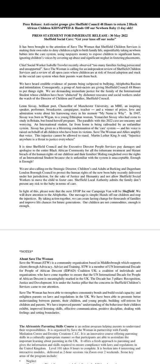 Press Release: Anti-racist groups give Sheffield Council 48 Hours to return 2 Black African Children KIDNAPPED &amp; Hands Off our Newborn Baby (1 day old)!

 Sheffield Social Care: “Get your knee off our necks” <a href="/DavidAkinsanya/">David O Akinsanya</a> <a href="/stwenactus/">Save the Woman</a> <a href="/infoGACuk/">GAC uk</a> @ChildReviewSAT <a href="/simpson_hilary/">Hilary Simpson</a>