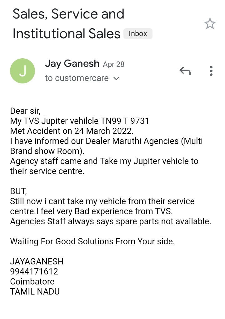 JayAbvp's tweet photo. @tvsmotorcompany @nitin_gadkari 
I'm very upset. There was no response to yr purchase of the Jupiter bike, except for the message that there are no spare parts. Please stop yrJupiter bike products.Mar-14-2022 I gave my Jupiter bike for repair. To this day I do not get the cart. https://t.co/oViw3eAOTx